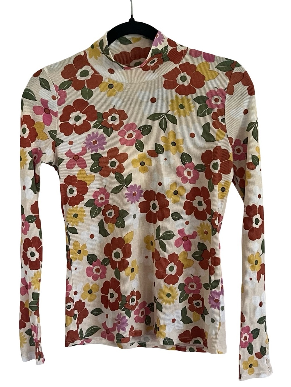 Sezane Felix Beige Floral Sol Print Mock Neck Long Sleeve Tee NWT Large